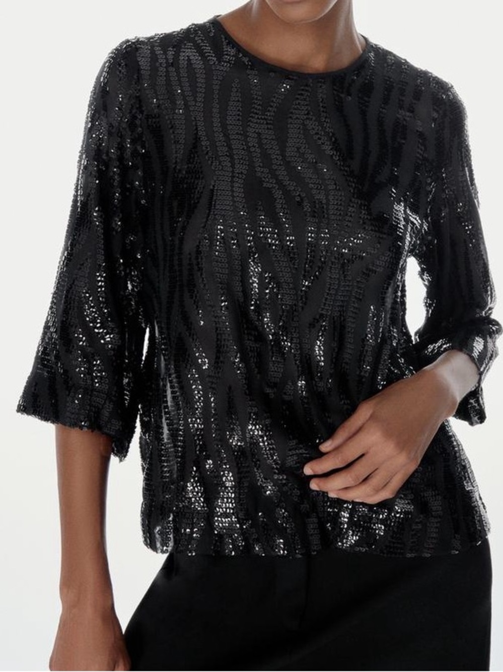 Zara Black Sequin 3/4 Sleeve Blouse XS